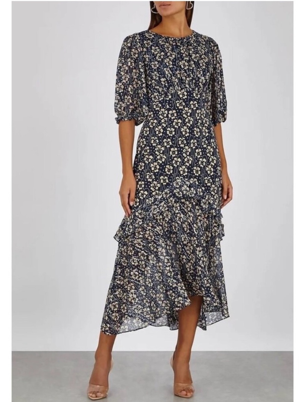 RIXO Cheryl 100% Silk Floral Puff Sleeve Tiered Ruffle Midi Dress Party Small
